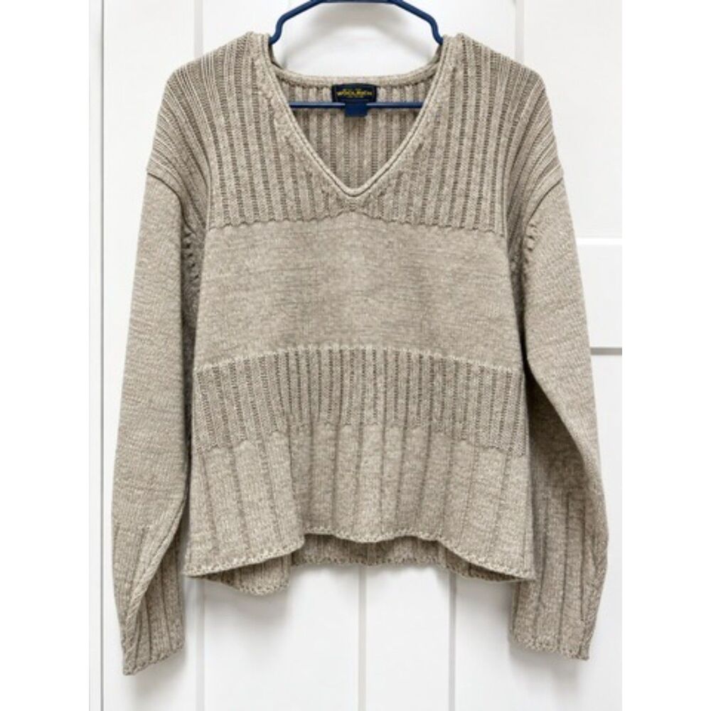 Woolrich Womens Small Putty Ramie Cotton V Neck Ribbed Knit Sweater ramie cotton